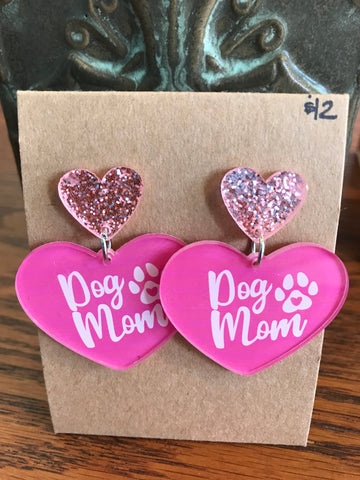 Pink Dog Mom Earrings w/heart