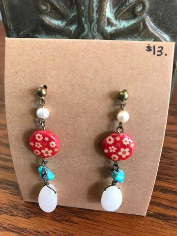 Red Round Flower/turquoise Dangle Earrings