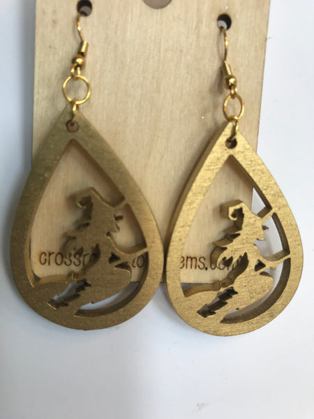 Witch on a Broom Earrings-Gold