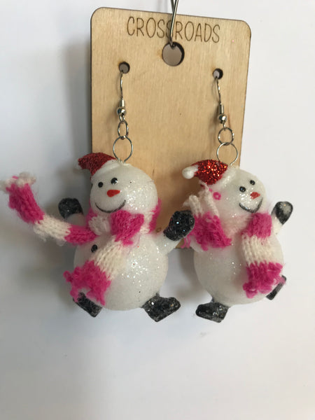 Snowman Earrings-Pink Scarf