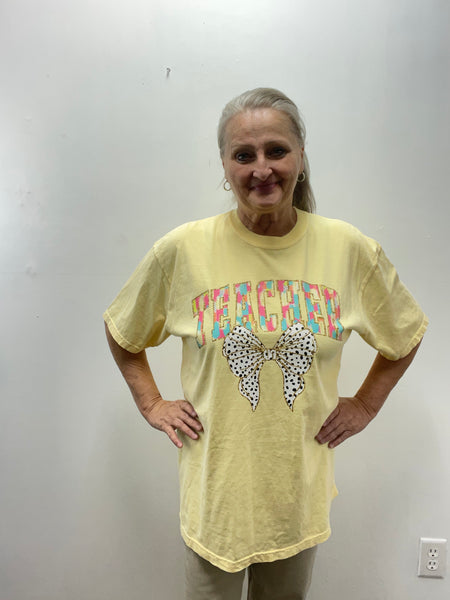 Comfort Color T-Shirts-yellow teacher white bow black polka dots