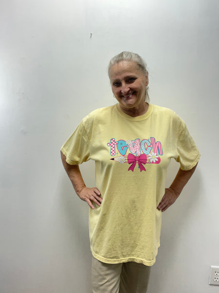 Comfort Color T-Shirts-Yellow Teach /w pencil/bow