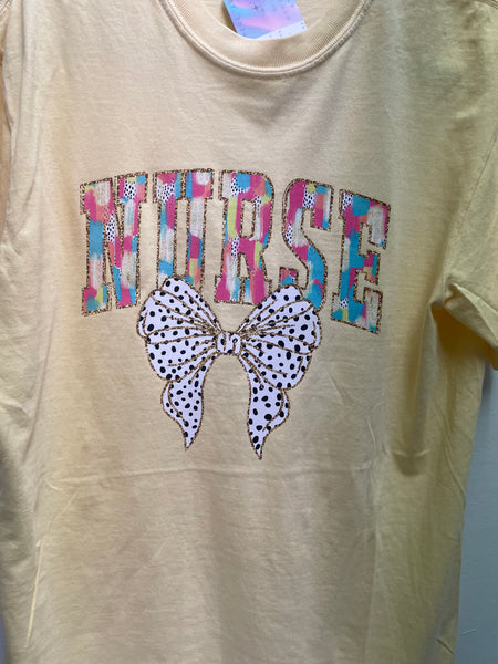 Comfort Color T-Shirts-Yellow Nurse white bow w/black polka dots