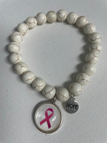 White Bead Bracelet w/Breast Cancer Charm/hope