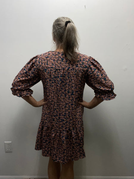 She & Sky Printed V-Neck Dark Teal/Pink Dress