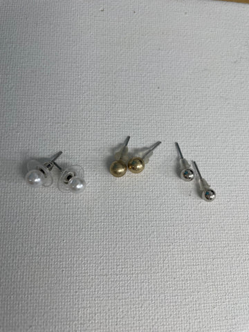 Set of 3 Kid's Stud Earrings/Gold/Silver/Pearl