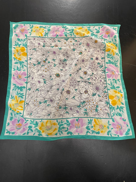 White Floral 29"x29" Teal/Lavender/yellow Scarf