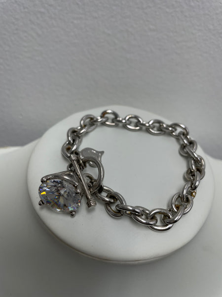 Small Silver Chain Bracelet w/small heart Large Cubic Stone