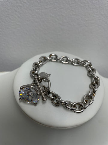 Small Silver Chain Bracelet w/small heart Large Cubic Stone