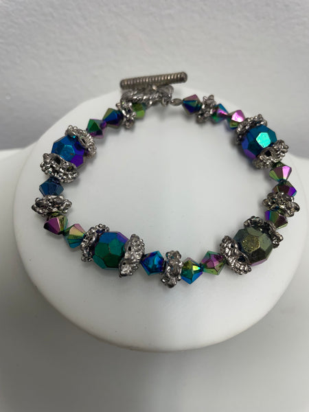 7 1/2" Silver multi color glass bead bracelet