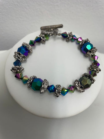 7 1/2" Silver multi color glass bead bracelet