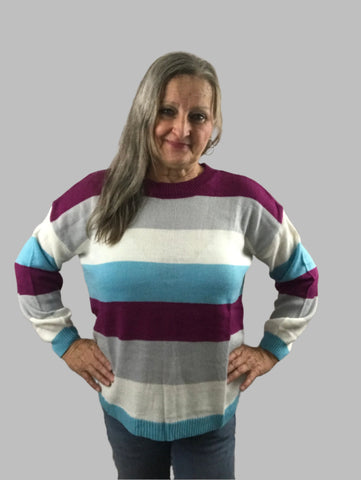 Crewneck Long Sleeve Striped Sweater Top-Purple/gray/blue