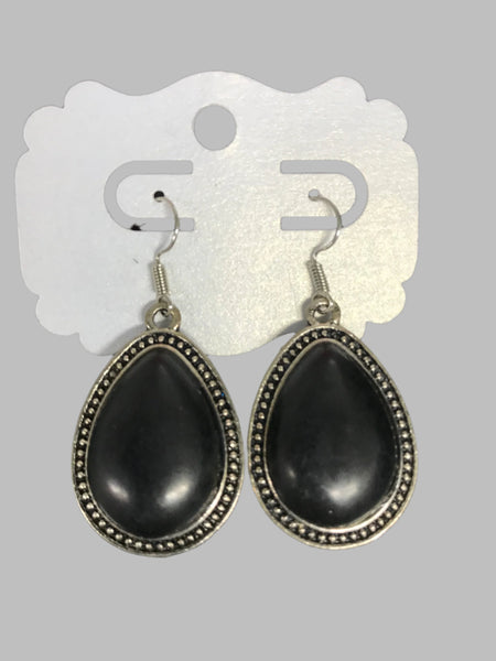 Aztec Teardrop Silver Earrings w/stone-black stone