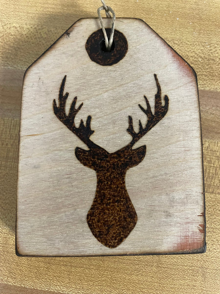 Handmade Wood burned Deer Gift Tags Rick Dantzler-buck head w/rack 