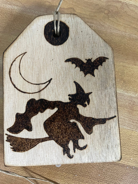 Halloween Wood Burned Gift Tags Rick Dantzler-witch on broom