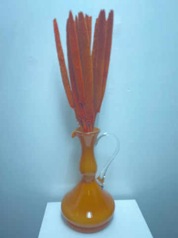 12" T Orange Vase w/clear handle & Cat Tails