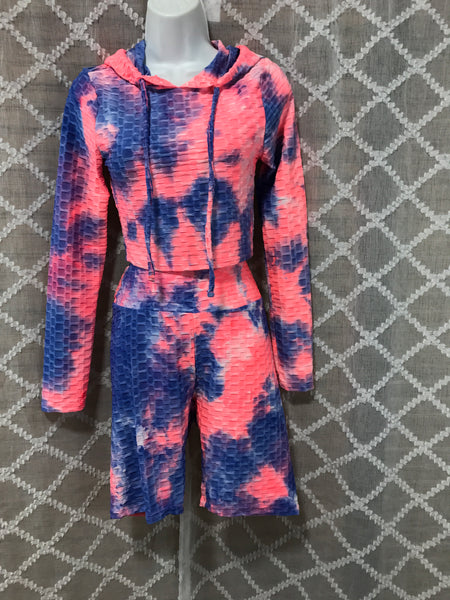 Tye Dye Clothing-Pink/Blue long sleeve top with hoodie 