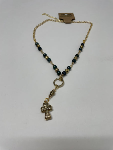 Designer Necklaces Stephanie Lewis-gold/black beads w/puff cross