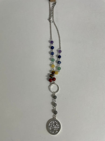 Designer Necklaces Stephanie Lewis-silver multi color beads with silver round tree of life pendent