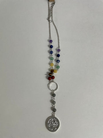 Designer Necklaces Stephanie Lewis-silver multi color beads with silver round tree of life pendent