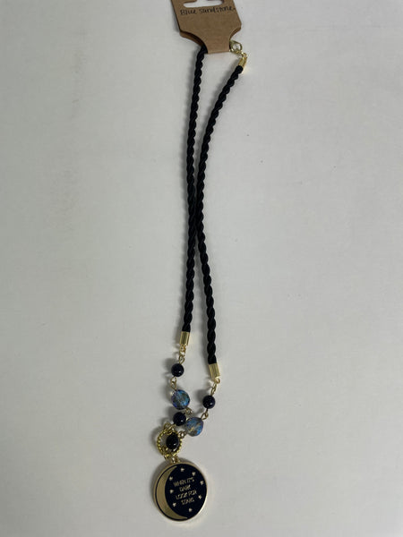 Designer Necklaces Stephanie Lewis-black rope wth blue stones w/pendent roun  black/gold "when its dark look for stars" 