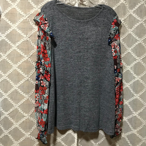 Floral Print Lantern Sleeve Top-Gray