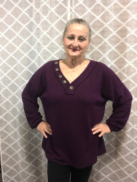 Waffle Knit V-Neck w/Buttons - Zenana-plum