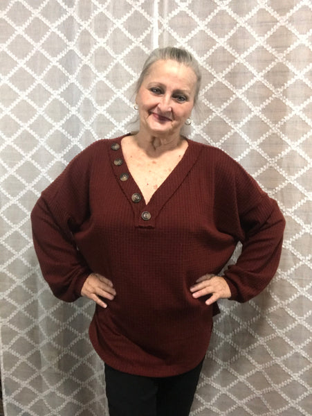 Waffle Knit V-Neck w/Buttons - Zenana-Burnt Orange