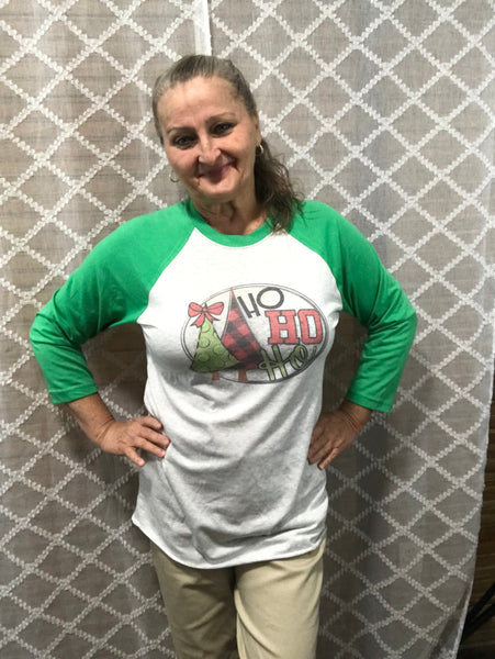 HO HO HO Raglan Long Sleeve Christmas T-Shirts-green sleeves