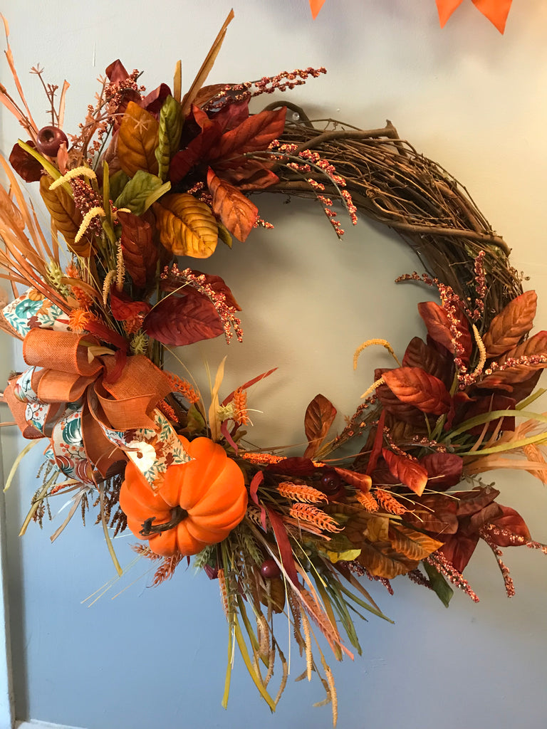 Fall Pumpkin Wreath-XL Round 30"On Grape Vines-Orange Pumpkin   w/Orange Ribbon and  Fall colored Leave Decor 