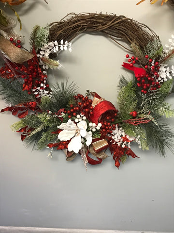 Christmas Wreath W/Red Birds-XL-30"Grape vine w/Holly red ribbon 