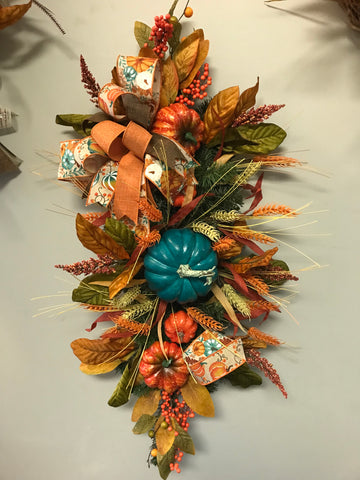 Fall Tabletop mantel decor w/pumpkins-Teal center pumpkin 35"Lenght-Orange ribbon w/pumpkins