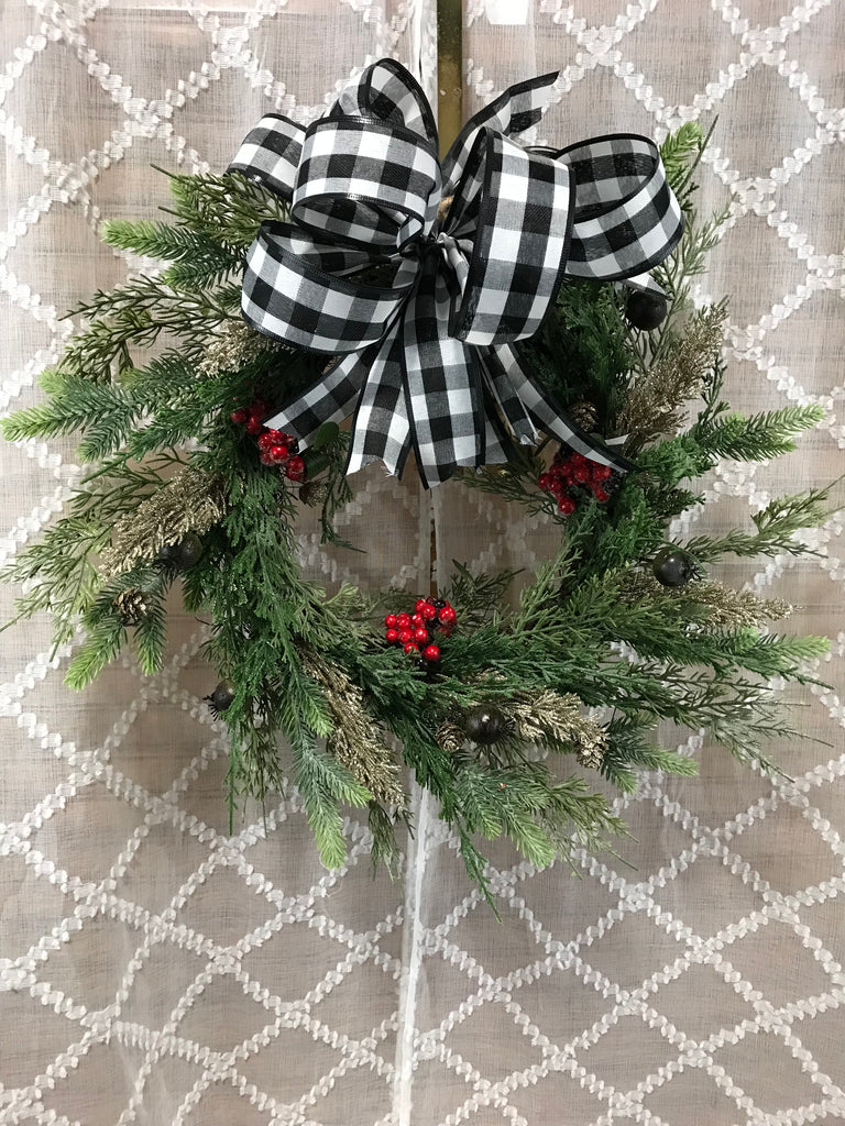 Christmas Natural Wreath w/Black & White checkered bow