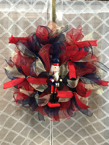 Nutcracker Wreath on DecoMesh-Red Blue Gold Mesh