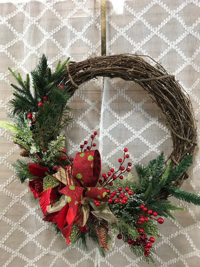 Poinsetta Red & Green Wreath w/Grapevine