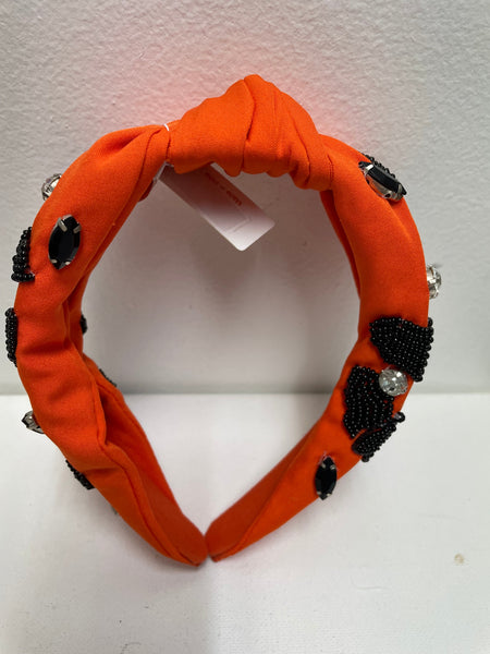 Halloween Beaded Headbands-Orange w/black beaded bats & cubic stones