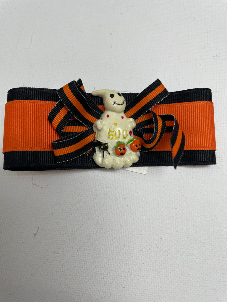 Halloween Hair Bows-clip  orange black w/white ghost boo 