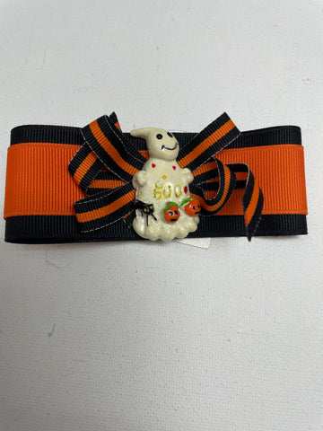 Halloween Hair Bows-clip  orange black w/white ghost boo 