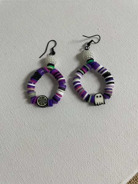 Halloween Earrings-Purple hoops with webb & ghost