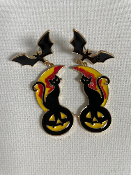 Halloween Earrings-Gold black bat w/black cat in moon