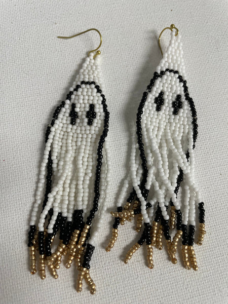 Halloween Earrings-dangle beaded white/black/gold ghost
