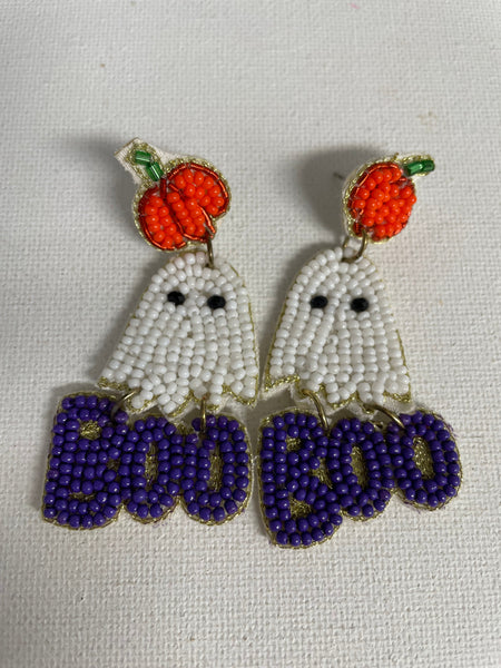Halloween Earrings-beaded white ghost with pumpkin top & Boo