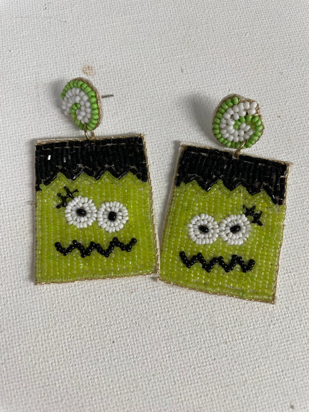 Halloween Earrings-Green/black Frankenstein Studs 