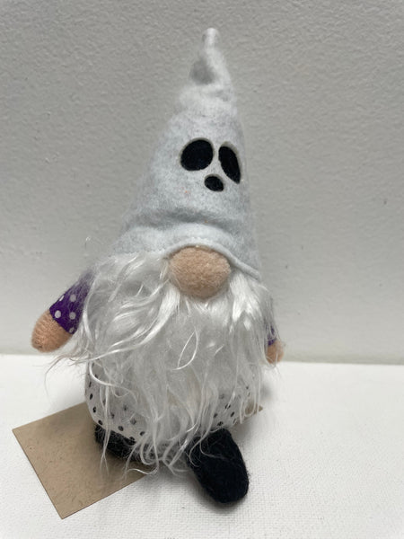 Small Halloween Gnome Shelf Sitter-White hat white shirt black pollka dot purple sleeve with white polka