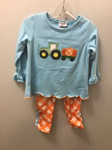 Girls Pant Set w/tractor/wagon/pumpkin-Light blue top with Orange/White check bottoms