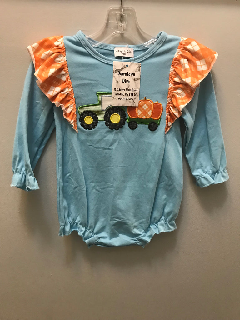 Girls Onesie w/tractor/wagon/Pumpkin-Blue with Orange/White Sleeve Print 