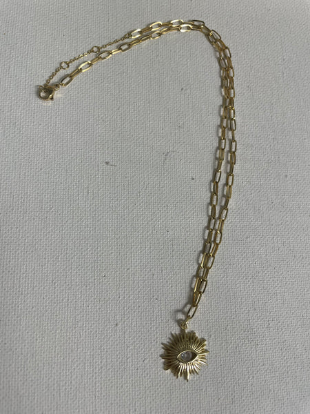 17" Gold Necklace w/eye cubic stone in Sun