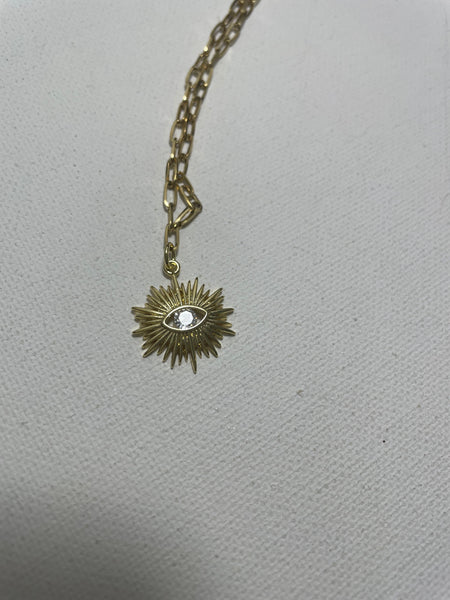 17" Gold Necklace w/eye cubic stone in Sun