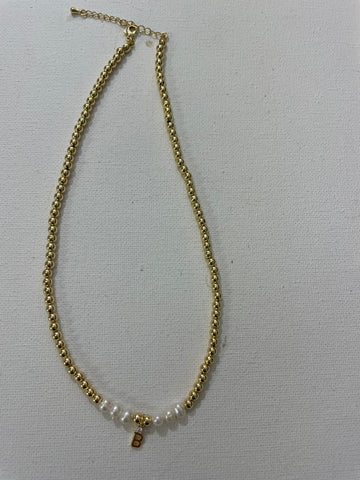 14"Gold Necklace w/2"extension & 6 white stone w/small gold letter B