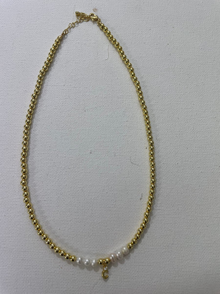 14"Gold Necklace w/2"extension & 6 white stone w/small gold letter C